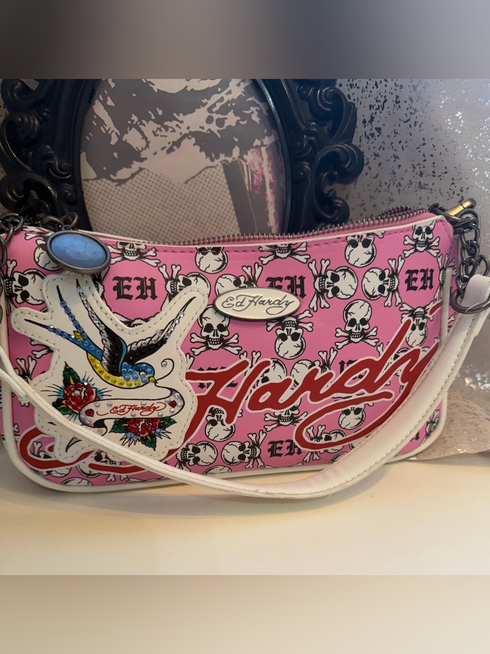Ed Hardy Pink / White Skull Shoulder Bag with White Crossbody Strap